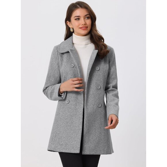 Women's Grey Peter Pan Collar Double Breasted Winter Long Trench Pea Coat - Picture 2 of 5